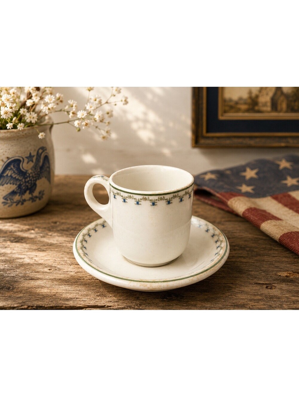 Syracuse China O.P.Co. 1920s Green Garland Demitasse Set 4 Cups 3 Saucers